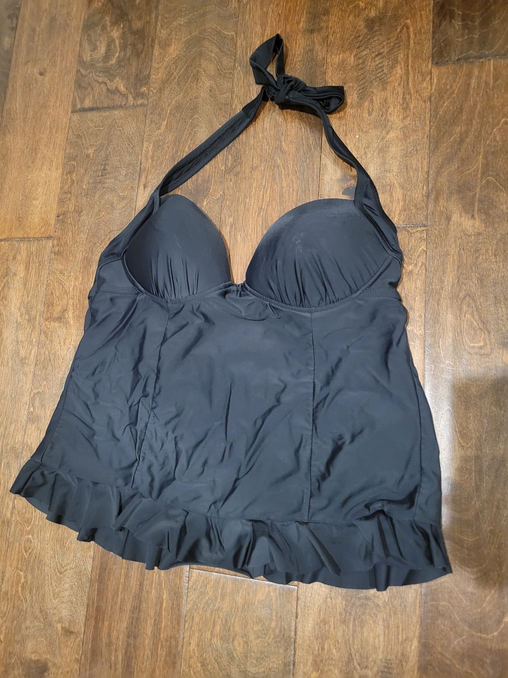 Catalina Black Halter Swim Top with Ruffle Trim